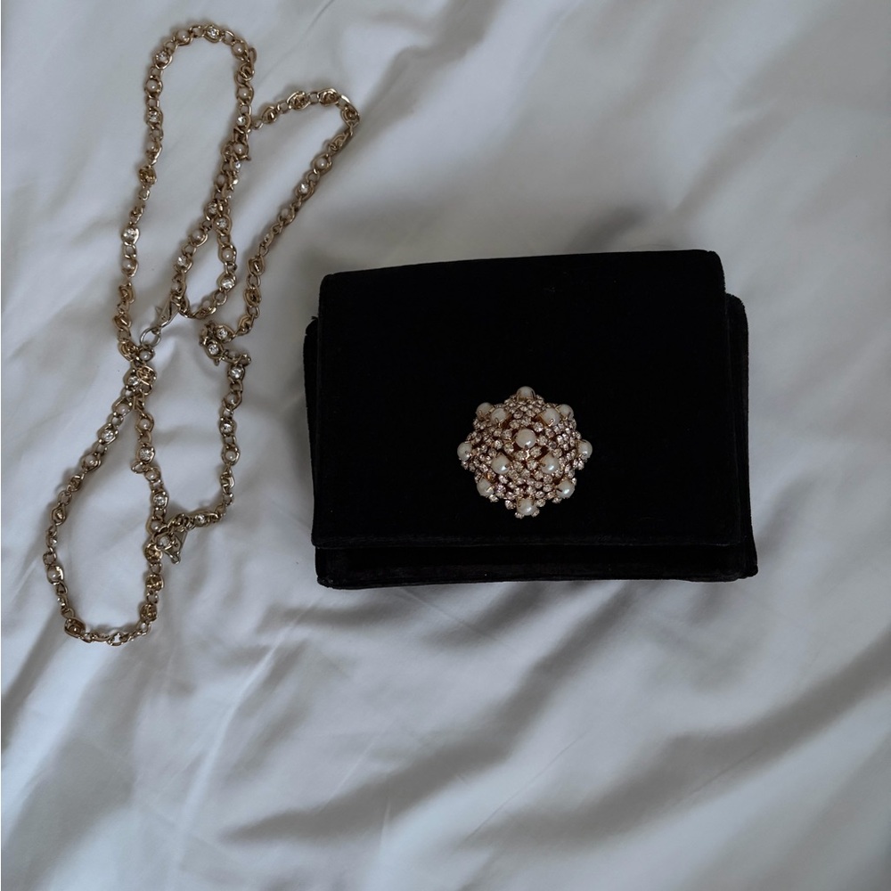 Ted Baker Black Velvet Crossbody Bag with Pearl Cluster Accent